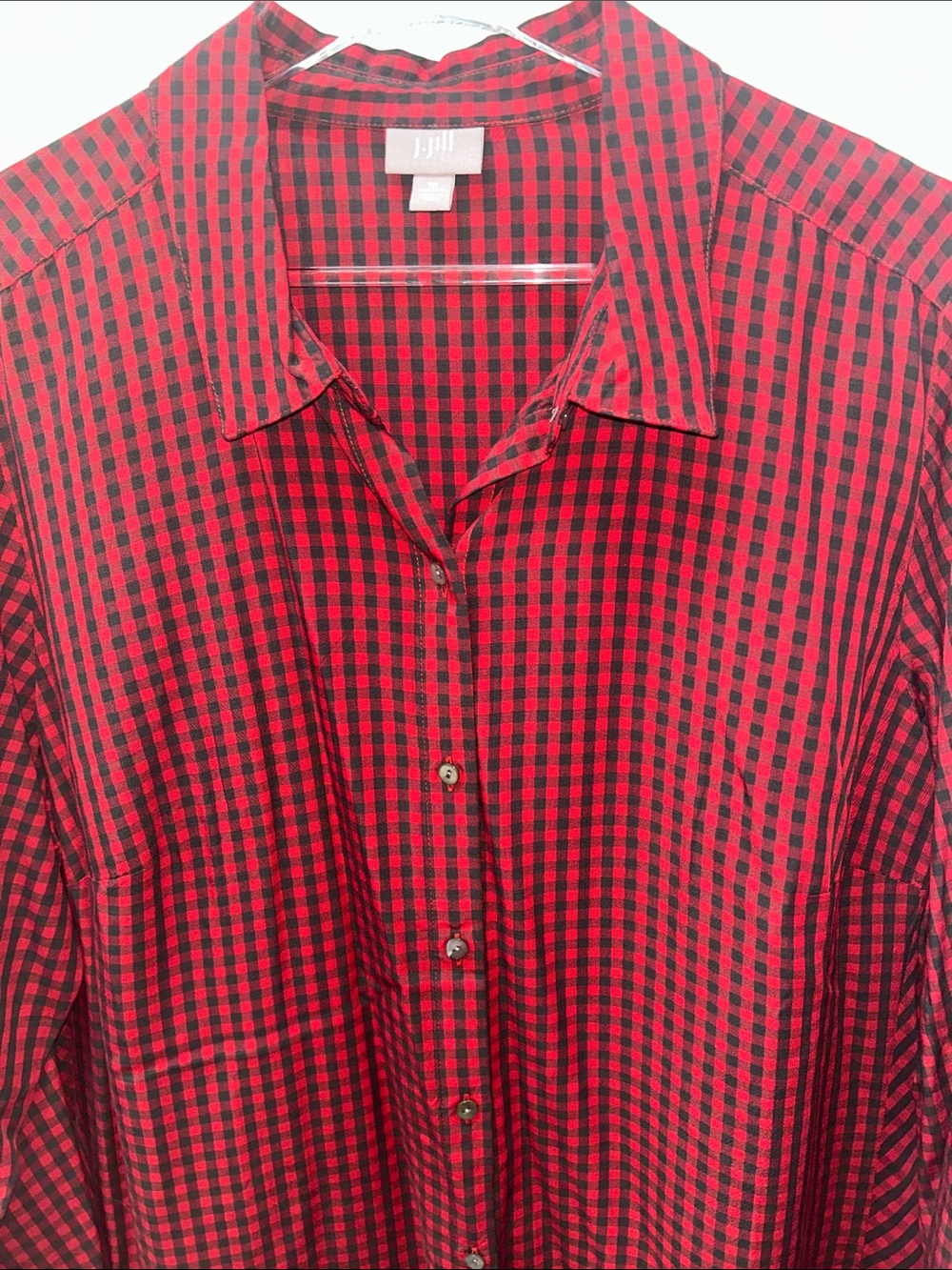 J. Jill Rayon Silky Red Grey Gingham Long-Sleeve Button-Down Shirt 1X in EUC